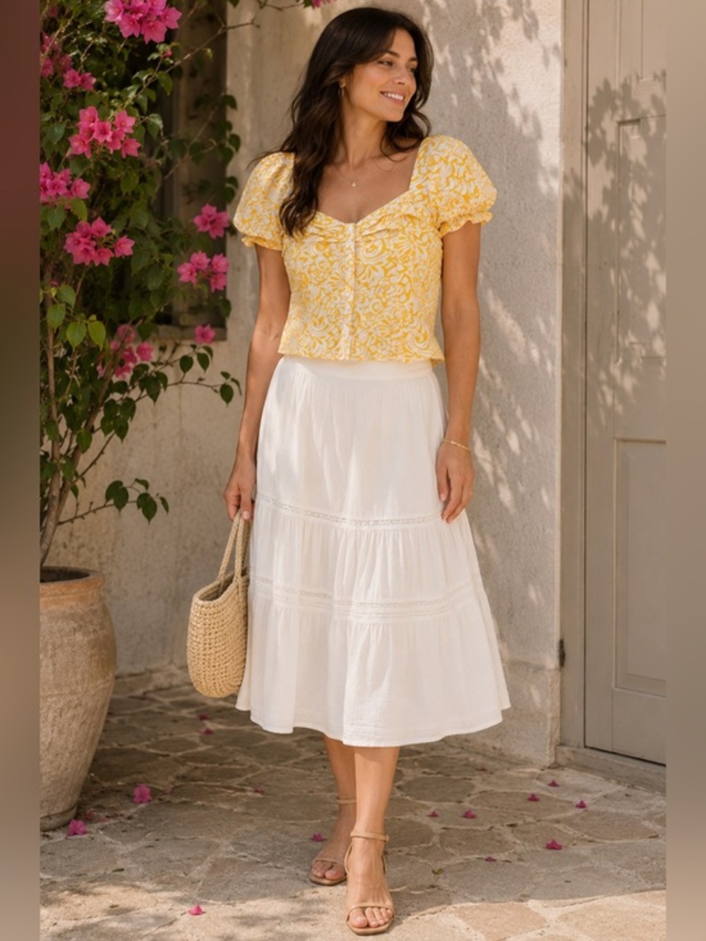 Cynthia Steffe Yellow & White Ruffle Blouse Size 14 Feminine Cottagecore Top